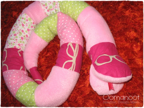 Fabric Stuffed Snake Toy with Etsuko Furuya Glasses Fabric in Pink 